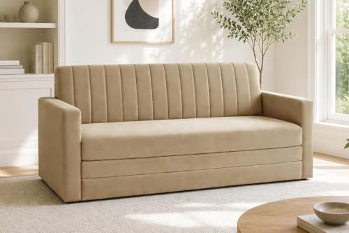 Image of Modern Three Seater Sofa Cum Bed with Armrest, Velvet Fabric Sofa for Living Room, Space Saving Foldable Sleeper Sofa, (Golden Color)