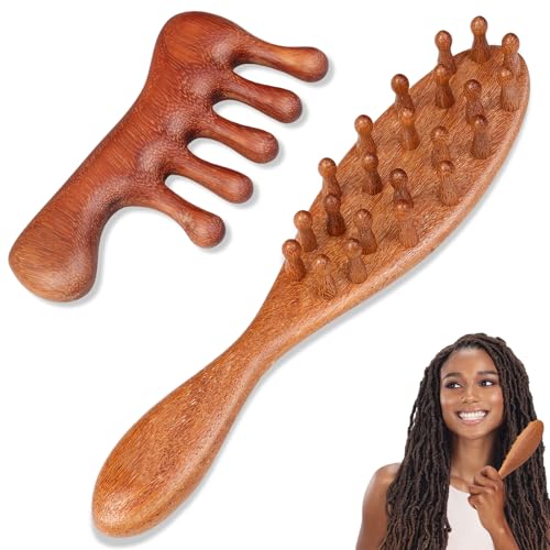 Dexspoeny 2 Pack Loc Comb for Sisterlocks Wooden Scalp Massager for Dreadlocks Sandalwood Wide Tooth Hair Comb for Microlocs Natural Gua Sha Head Massage Tool for Hair Growth Relaxation Stress