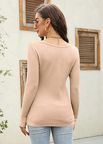Image of Farktop Womens Long Sleeve Tops Henley V Neck Lightweight Pullover Sweaters | Casual, Loose Fit, Fall, Winter, Warm, Waffle Knit Shirts