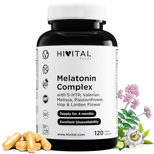 Melatonina Complex. 120 cápsulas veganas para 4 meses de tratamiento. Con 5-HTP, Valeriana, Melisa, Pasiflora, Amapola Californiana, Lúpulo y Tila. Fabricado en España por HIVITAL