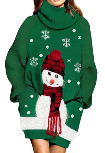 Viottiset Damen Weihnachten Mini Winterkleid Übergroßes Pulloverkleid Rollkragen Langarm Gerippt Grobstrick Dunkelgrün S