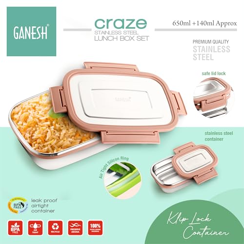 GANESH Craze Stainless Steel Tiffin Lunch Box Container/Dabba with 4 Side Clip Lock Lid for Office & School Use/Food Grade/Air Tight/Easy to Carry/Leak Proof(650ml 1pc + 140ml 1 Pc) Blue (Image - 4)