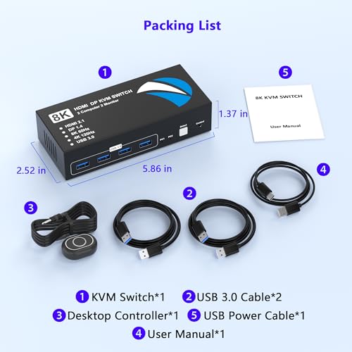 Image of 8K@60Hz HDMI DisplayPort KVM Switch 2 Monitors 2 Computers, 4K@120Hz Dual Monitor KVM Switches HDMI DisplayPort for 2 Computers Share 2 Monitors and 4 USB Devices for Keybord Mouse Printer Hard Drive