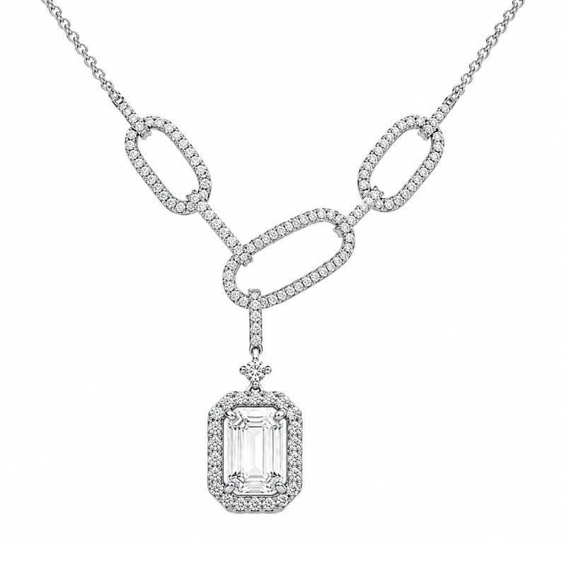 925 Sterling Silver Emerald Cut Halo Link Necklace for Women-image-1