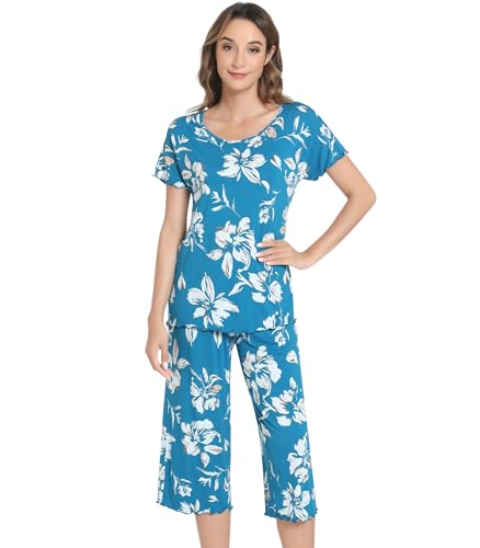 Image of NACHILA Women's Bamboo Viscose Pajama Sets Summer Cooling Short Sleeve Capri Soft Pjs Night Sweats Moisture Wicking Sleepwear