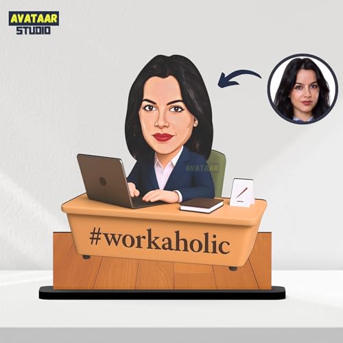 Image of Personalized Workaholic Girl Caricature Gift Custom Office Desk Avatar Birthday Gift for Wife Girlfriend Sister Friend Unique Corporate Gift for Women (Workaholic Girl, 7 Inches)