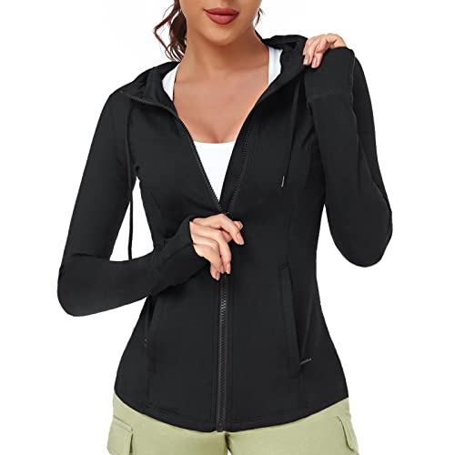 VUTRU Vestes de tennis Veste de course pour femme avec fermeture éclair intégrale Sport Yoga Randonnée Courbes minces, Noir , XS Cover
