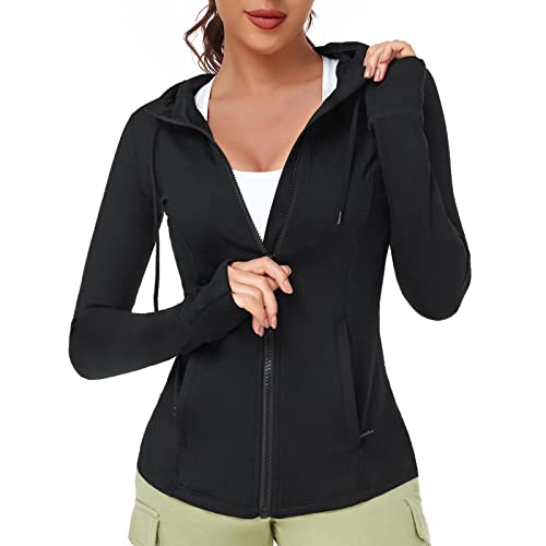 VUTRU Vestes de tennis Veste de course pour femme avec fermeture éclair intégrale Sport Yoga Randonnée Courbes minces, Noir , XS