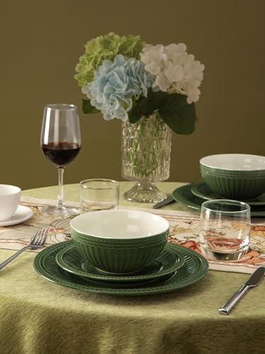 Image of Famiware Garden 24-Piece Embossed Plates and Bowls Sets, Stoneware Reactive Glaze Dishes Dinnerware Set, Modern Rustic, Chip & Scratch Resistant, Microwave & Dishwasher Safe, Service for 8, Dark Green