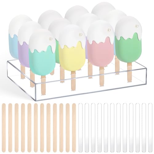 Gejoy Cakesicle Stand Display 12 Holes Acrylic Cake Pop Stand with 12 Pcs Reusable Acrylic Sticks and 50 Pcs Wooden Sticks Clear Ice Holder for Dessert Table Birthday Wedding