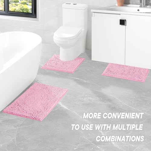 Image of Pink Bathroom Rugs Sets 3 Piece Washable, Luxury ,Chenille Bath Mat Set, Soft Plush Anti-Slip Rectangular Bath, Rug Super Absorbent.3 Pieces Bathroom (Pink, 32 inchx20 inch+24 inchx16 inch+U Shape 20 inchx20 inch)