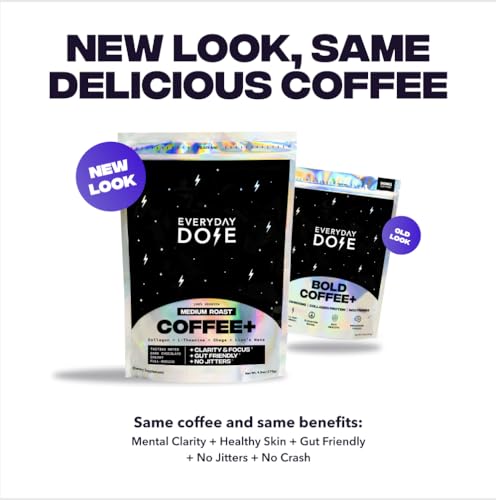 Everyday Dose Bold Medium Roast Mushroom Coffee 90mg Caffeine per serving with Grass-Fed Collagen, Chaga, Lions Mane & L-Theanine for Better Focus, Energy, Digestion, Skin, and Immunity 30 Servings