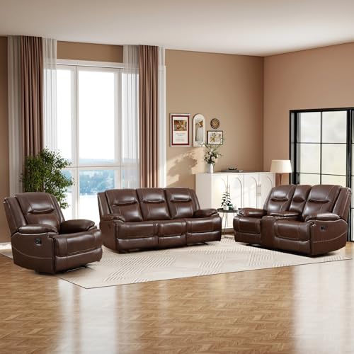 CANMOV Genuine Leather Manual Recliner Sofa Furniture Set for Living Room, Included Single Recliner, Manual Loveseat with Center Console and 3 Seat Sofa Couch, Modern Durable Furniture Set, Brown