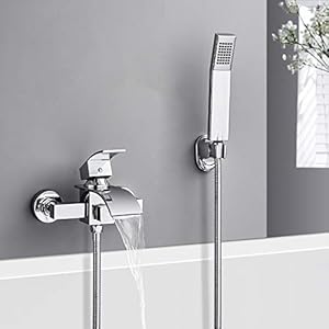 Badewannenarmatur mit Handbrause, WOOHSE Wasserfall Badewanne Wasserhahn Wannenarmatur mit Umsteller Aufputz Badarmatur – Einhand-Wannenbatterie mit 1,5m Brauseschlauch für Badezimmer Dusche, Chrom