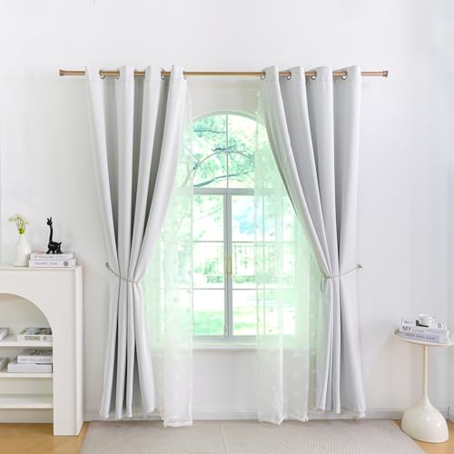 Image of Graylish White Pom Pom Curtains for Nursery Bedroom 52x96 Inch | Soft Boho Room Darkening Drapes, Grommet Privacy Double Layer Curtains for Living Room, Girls &Toddler room Decor, 2 Panels