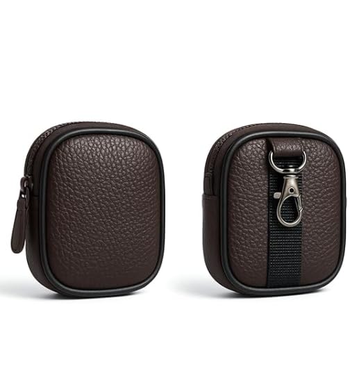 Pebbled Leather Small Pouch Bag with Zipper, Dark Brown | Carabiner Clip, Compact Organiser, Zip Closure, Textured Finish, Carry-On Accessory-image-17