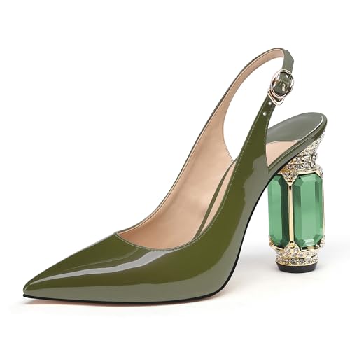 Image of JANSEVEN Women Chunky Heels Pumps Crystal Block Heels with Rhinestones Pointed Toe Sexy Gradient Patent Leather Slip on Bridal Party Wedding Dress Shoes 5-13 M US