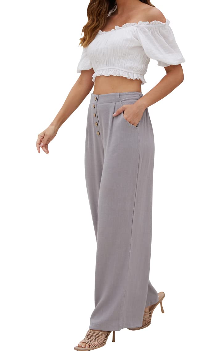 SVALIY Women Flowy Pants Cotton Linen Wide Leg Palazzo Pants Long Lounge Slacks High Waist Button Trousers Pocket