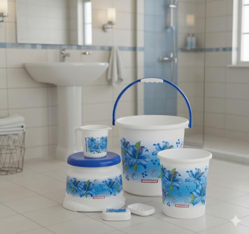 Image of MODWARE Floral Bathroom Set, 5 Pieces, Polypropylene, 20 L Bucket with Mug, Soap Case, Open Dustbin, Stool (Blue)