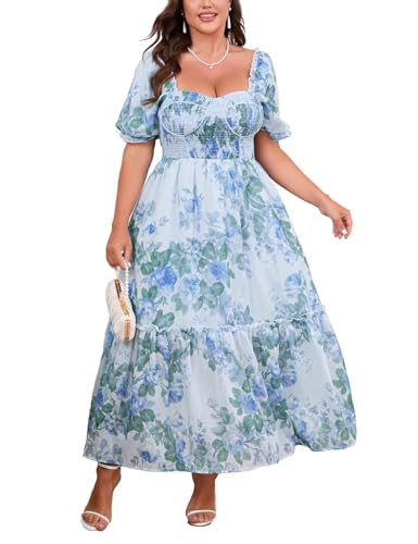 Women's Plus Size Floral Maxi Dress Puff Sleeves Cottagecore Corset Dresses Flowy Smocked Formal Casual Party Wear