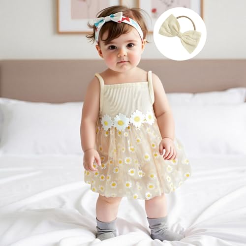 Newborn Yellow Dress Baby 0-3 Infant Girl Outfit Sleeveless Tulle Ribbed Romper Pink Dress with Hairband2