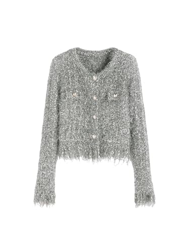 CIDER Fuzzy Round Neck Button Metallic Knitted Long Sleeve Cardigan: Grey, XL