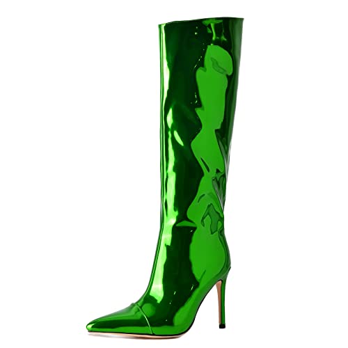Image of Arqa Knee High Boots for Women Wide Calf 4 in Stiletto High Heel Metallic Boots Winter Chrome Zipper Long Boots Dressy Party Shoes