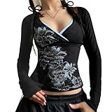 Y2k V Neck Floral Tops Women Fairy Grunge Vintage Long Sleeve Top 2000s Emo Graphic Cute Teen Girls Clothes (Black Blue,Medium)