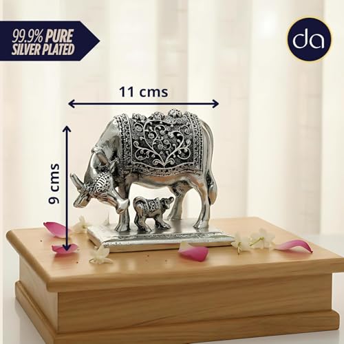 Image of 999 Pure Silver Plated Kamdhenu Cow Idol | 4 Inch Vastu Home Decor | Symbol of Prosperity & Abundance | Auspicious Religious Gift for Pooja Room & Mandir