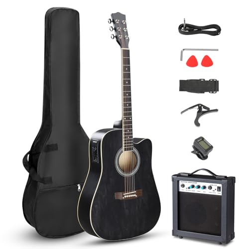 LALAHO 41 Inch Electric Acoustic Guitar with Amp, Full-Size Basswood Body Electro-Acoustic Guitars Kit for Beginners W/Bag, Strap, Tuner and Capo All Accessories Included, Black