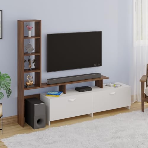 Image of BLUEWUD Amy Engineered Wood TV Entertainment Unit Set Top Box Stand /TV Cabinet Panel with Shelves for Books & Decor Display Unit Bed Living Room Upto 65 Inches - DIY (Brown Maple & White)