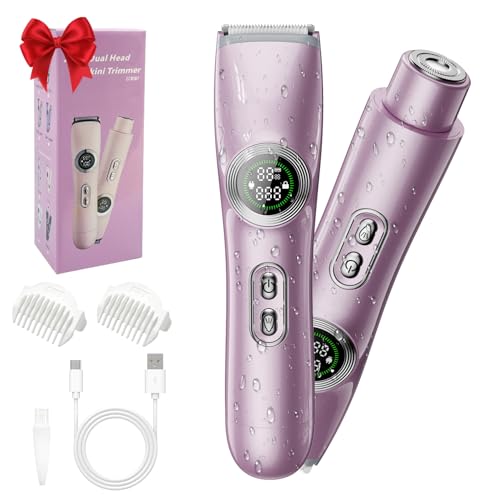 2-in-1 Electric Bikini Trimmer for Women: Dual Head Pubic Area Body Hair Shaver for Womens - Rechargeable IPX6 Wet Dry Razor with LED Display for Female - Painless Facial Removal Ceramic Blade Shavers
