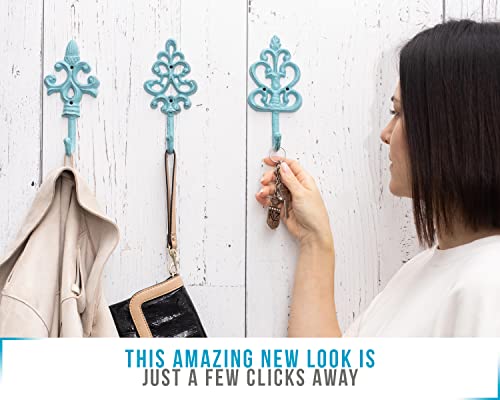 Shabby Chic Decorative Wall Hooks - Set Of 3 - Cast Iron French Country Wall Decor - Farmhouse Hangers For Coats, Purses And More - Blue #TOP3