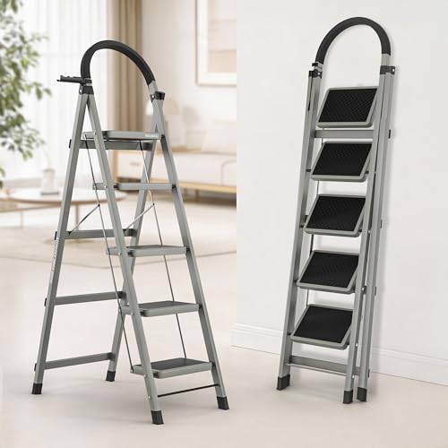 BUILDSKILL 5 Step Ladder for Home Use with Built-in Tool Tray | Heavy Duty D Shape Rods | 20 x 30 cm Large Platform | Wide Rubber Feet | Secure Lock |