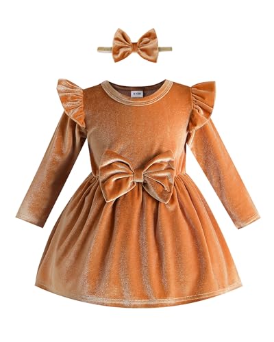Kucnuzki Baby Girl Dress Fall Baby Girl Clothes Long Sleeve Brown Velvet Dress 9-12 Month Girl Clothes Infant Formal Dress Casual Party Dresses 1 Year Old Girl Clothes cover