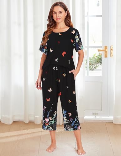 Image of Ekouaer Women's Two Piece Lounge Set Short Sleeve Shirt and Capri Pants Mumu Pajama with Pockets Loungewear Pjs Sets S-2XL