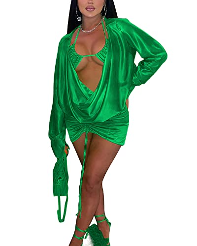 Image of Women's Sexy Long Sleeve Two 2 Pieces Outfits Sheer Mesh Mini Dress Skirt Set Top V Neck Backless Ruched Bodycon Cover Up