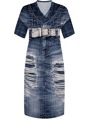 Image of SUZONANA Plus Size Denim Print Maxi Dresses for Women Casual V Neck Short Sleeve with Pockets Soft Jean Look Dress XL-6XL