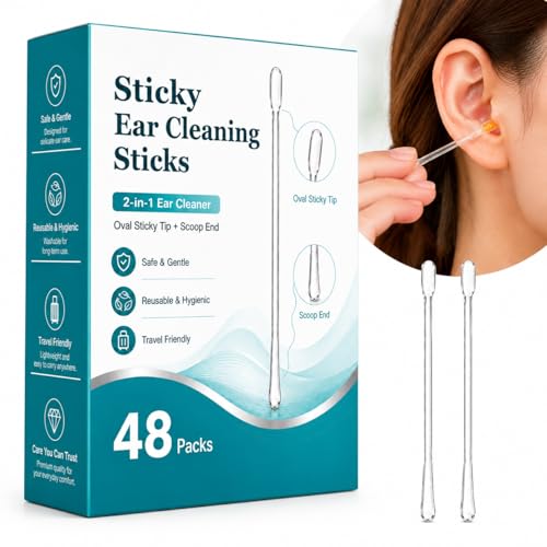 2-in-1 Sticky Ear Wax Remover Dual-Ended Ear Cleaning Stick with Adhesive Tip & Ear Scoop Gentle Reusable Ear Cleaner for Adults & Kids Portable Travel Ear Care Kit (48 Count)