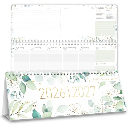 Häfft Wochen-Tischkalender Schuljahr 2026/2027 Blattgold im Quer-Format mit Aufsteller 1 Woche auf 2 Seiten - Schreibtisch-Kalender Schule mit Ferienübersicht für DE & AT