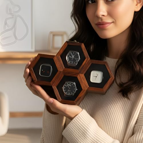 Image of Vintage Wooden Watch Box for Men, Timepiece Display Case, Honeycomb Watch Storage & Organizer, Jewlery Box for Women, Anniversary Gift For Husband (4 Compartments (Other Design))