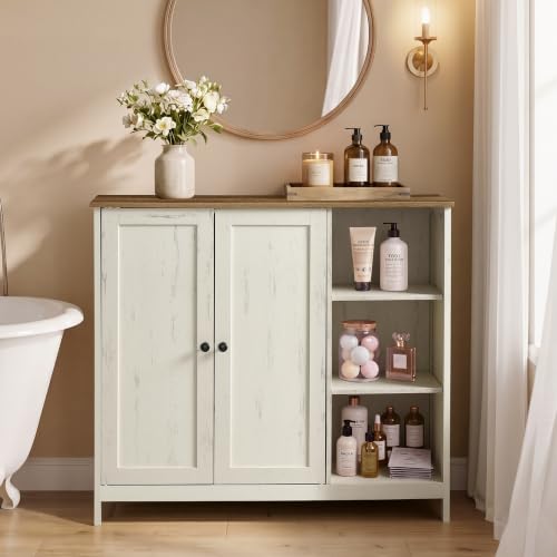 Image of VASAGLE Bathroom Floor Cabinet, Freestanding Storage Cabinet with 2 Doors and Adjustable Shelves, Organizer for Living Room, 35.4 x 11.8 x 31.5 inches, Rustic White and Honey Brown, Siren Collection | MDF Organizer, Adjustable Shelves, 35.4 x 11.8 x 31.5 inches, Rustic White and Honey Brown, SIREN Collection UBBK070WJ01S