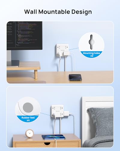 Image of TROND 360 Rotating Flat Plug Power Strip, 10FT Flat Extension Cord with Multiple Outlets 4 USB (2 USB C), Wall Mount Surge Protector 1440 Joules for Home Office Travel Dorm Room Essentials, White