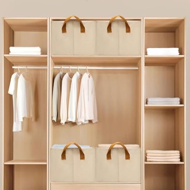 6 Pack Closet Cloth Storage Bins for Shelves, Medium Storage Baskets for Shelves, Fabric Bins for Closet organization with Handles£¨ Beige 15''L x 10.2''W x 7.5''H£©