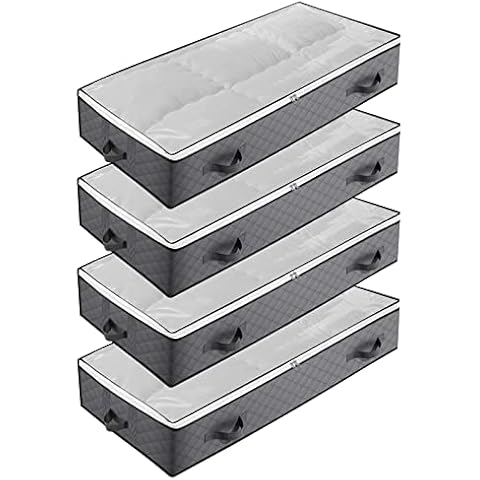 LOLYSIC 4 Pack Underbed Storage Bags with Zip, 75l Large Capacity Underbed Storage Box with Lid Handle, Foldable Non Woven Under Bed Storage Bags for Clothes, Blanket, Duvet (Grey, 100x50x15CM) Cover