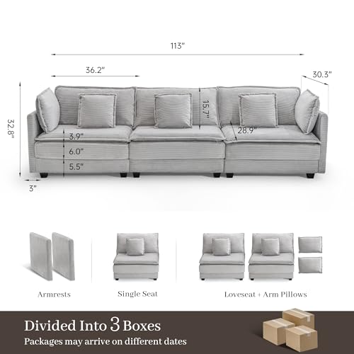 Image of Corduroy Sectional Couch, 3 Seater 113 inch Cloud Couch, Modular Deep Seat Sofa with Pillows for Living Room, Apartment, Lightgrey
