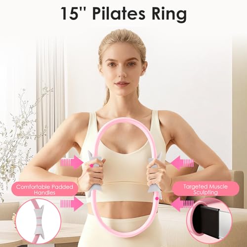 16 PCS Pink Pilates Ring and Ball Set for Women with 15" Magic Circle, Home Pilates Equipment Kit with Adjustable 1LB Ankle Wrist Weight, Resistance Band, Gliding Discs, Pilates Essentials Accessories - Image 3