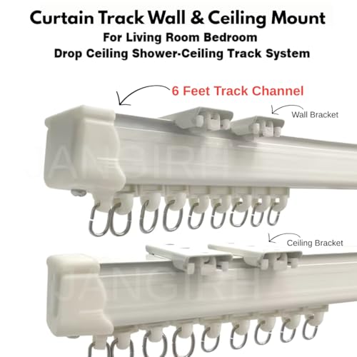 Image of Jangirh Jambo Silent Curtain Channel Size 6 Feet for Windows /Door /Office Wall Fit, Complete Set with Runners, Hooks, End Caps, Wall Brackets, Screws & Wall Plugs, White inch (6 FEET)