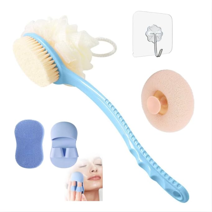 Image of 2-in-1 Loofah & Bristle Bath Brush - Curved Back Scrubber with Long Handle for Body Cleaning, Dry Brushing & Shower Use