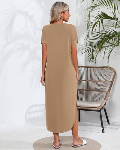 Image of Riyiper 2 Pieces Women's Short Sleeve Maxi Dress Round Neck Casual Loose Split Long Summer Beach Shirt Dress with Pockets (Black, Khaki,Small)